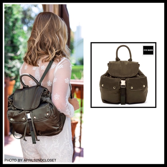 STEVE MADDEN MINI BACKPACK ARMY GREEN & SILVER BUCKET BAG A3C - Picture 8 of 8